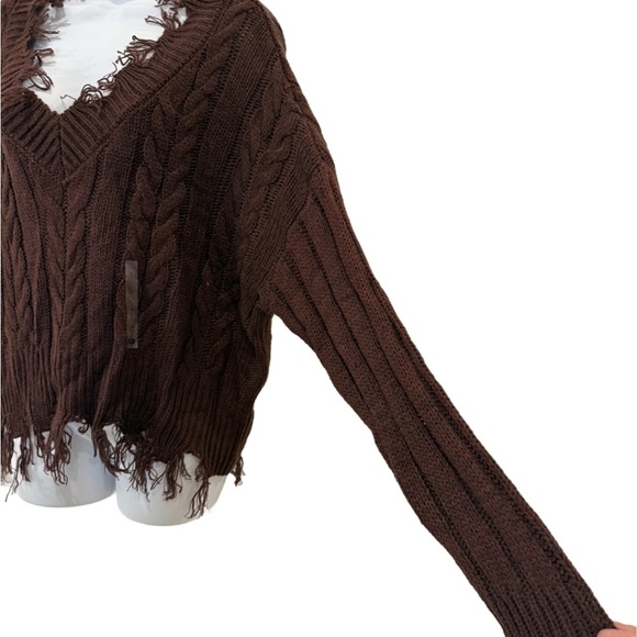 BKE deconstructed Chocolate V-Neck Cable Sweater, NWT, Small - Picture 3 of 8